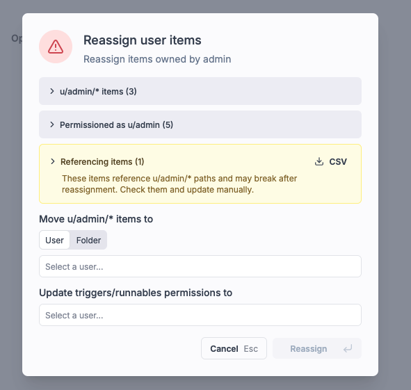 Reassign user items